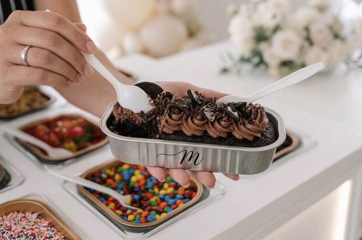 Layered chocolate cake served in a small tin with frosting and crumble