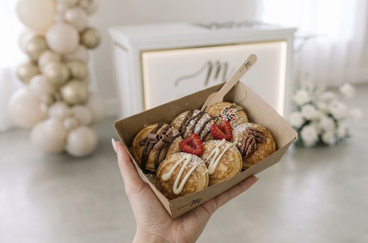 Mini pancakes with berries and syrup served from the cart
