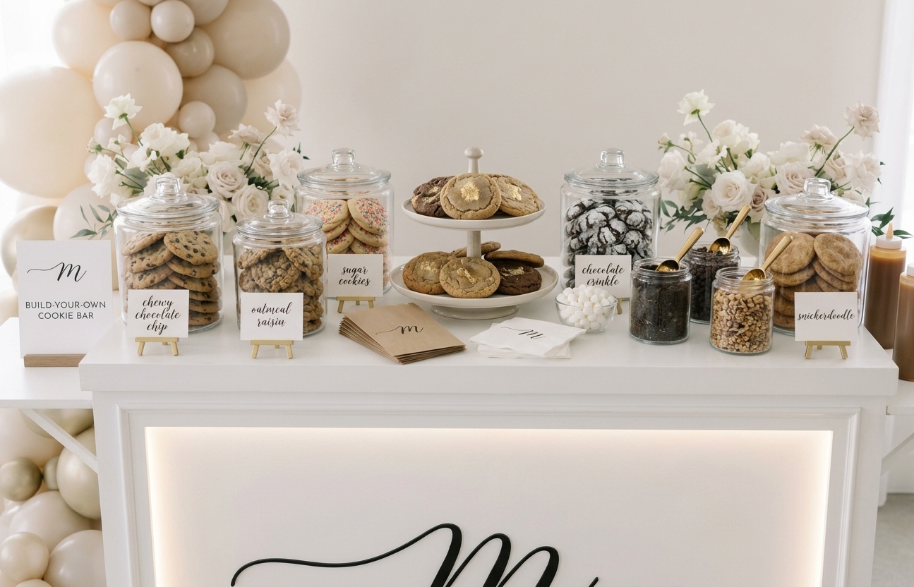Build-your-own cookie bar with glass jars of cookies, paper bags and branded signs on the cart